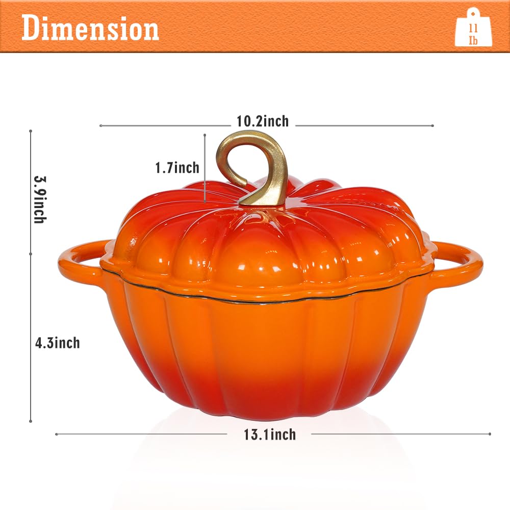 Pumpkin Enameled Cast Iron Dutch Oven with Lid, 4.5 QT Heavy Duty and Dual Handles Pot, Serves 3-5 and Oven Safe for