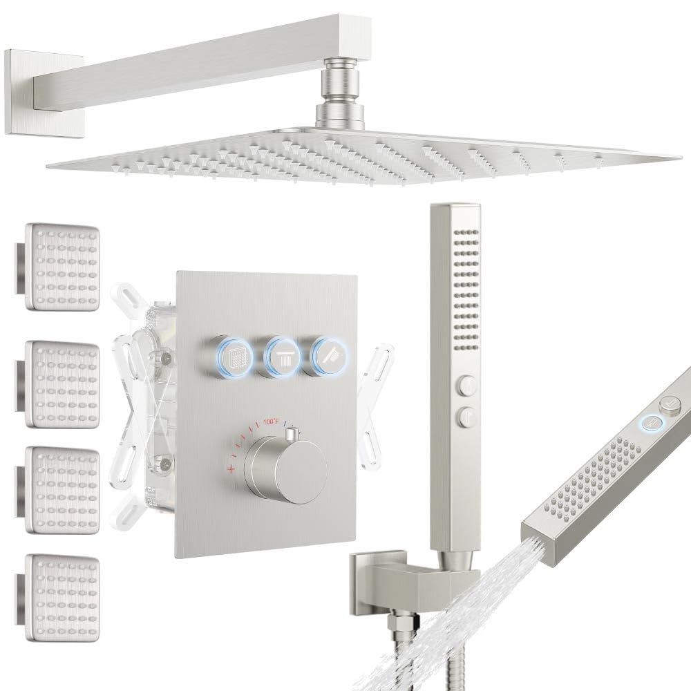 Thermostatic Shower System with Body Jets, 12" Rain Showerhead with 2 Modes Handheld Spray, Can Use All at Once