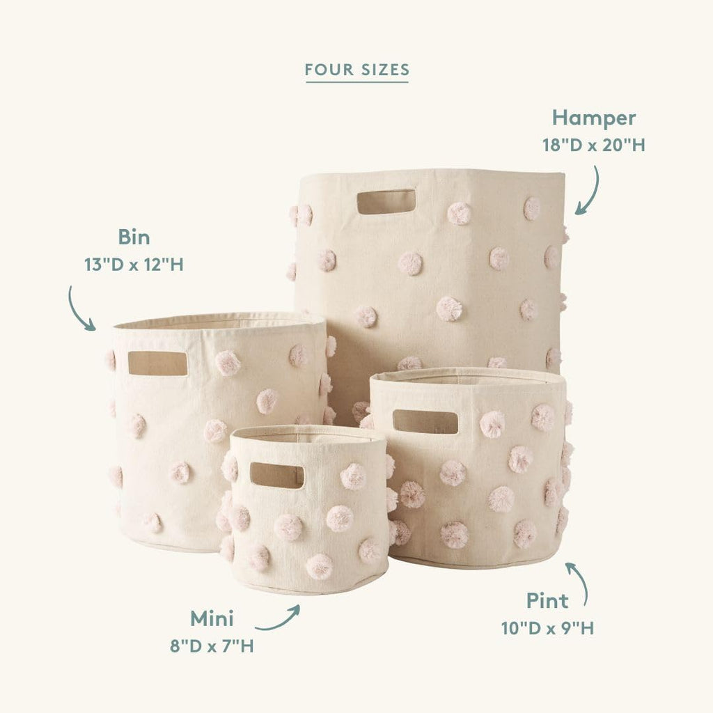 Pom Pom Basket, Hamper, Blush, Cotton Canvas Storage, 18"D x 20"H