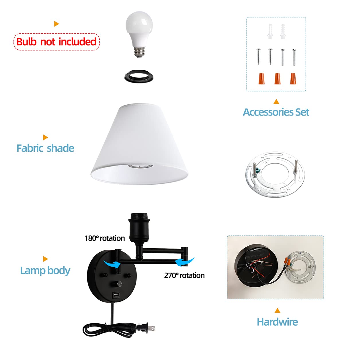 Swing Arm Wall Sconces, Plug-in Wall lamp,Bedroom Wall lamp, White Fabric Shade,with dimmable Switch and USB