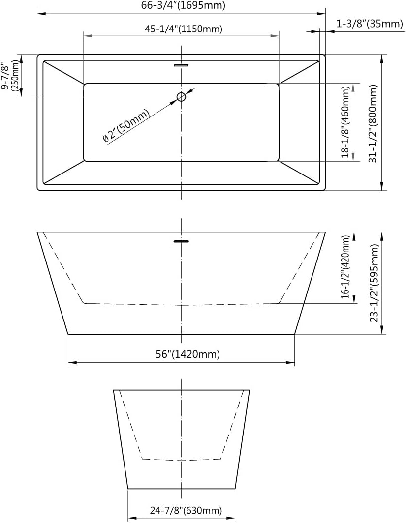 072 66" Luxury Contemorary High Grade Acrylic FREE STANDING Bathtub Modern Black