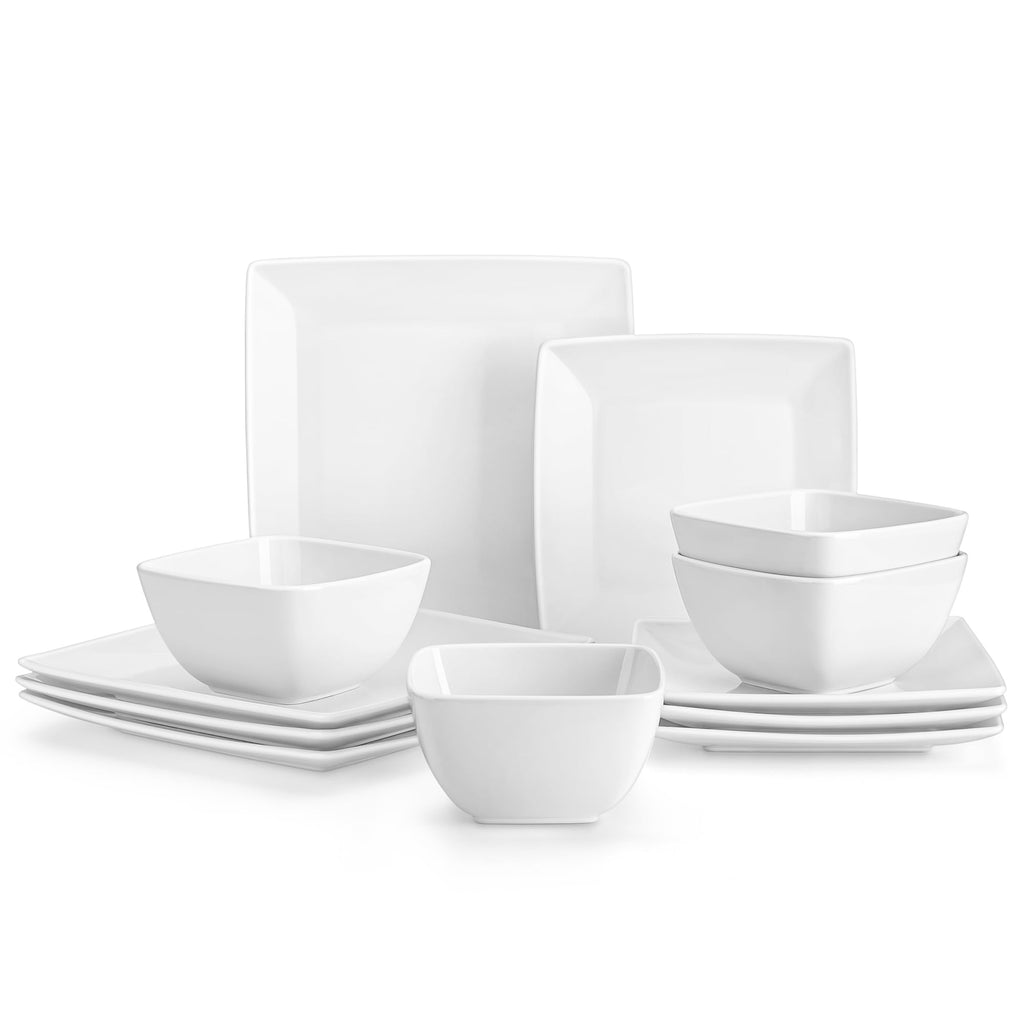 Soho Dinnerware Sets 12 Pieces, White Stoneware Square Place Setting, Dinner Plate, Dessert Plate, Bowls Service for 4