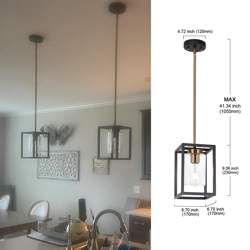 1-Light Mini Lantern Pendant Light, Black and Brushed Brass Finish Farmhouse Chandelier with Clear Glass Shade Foyer
