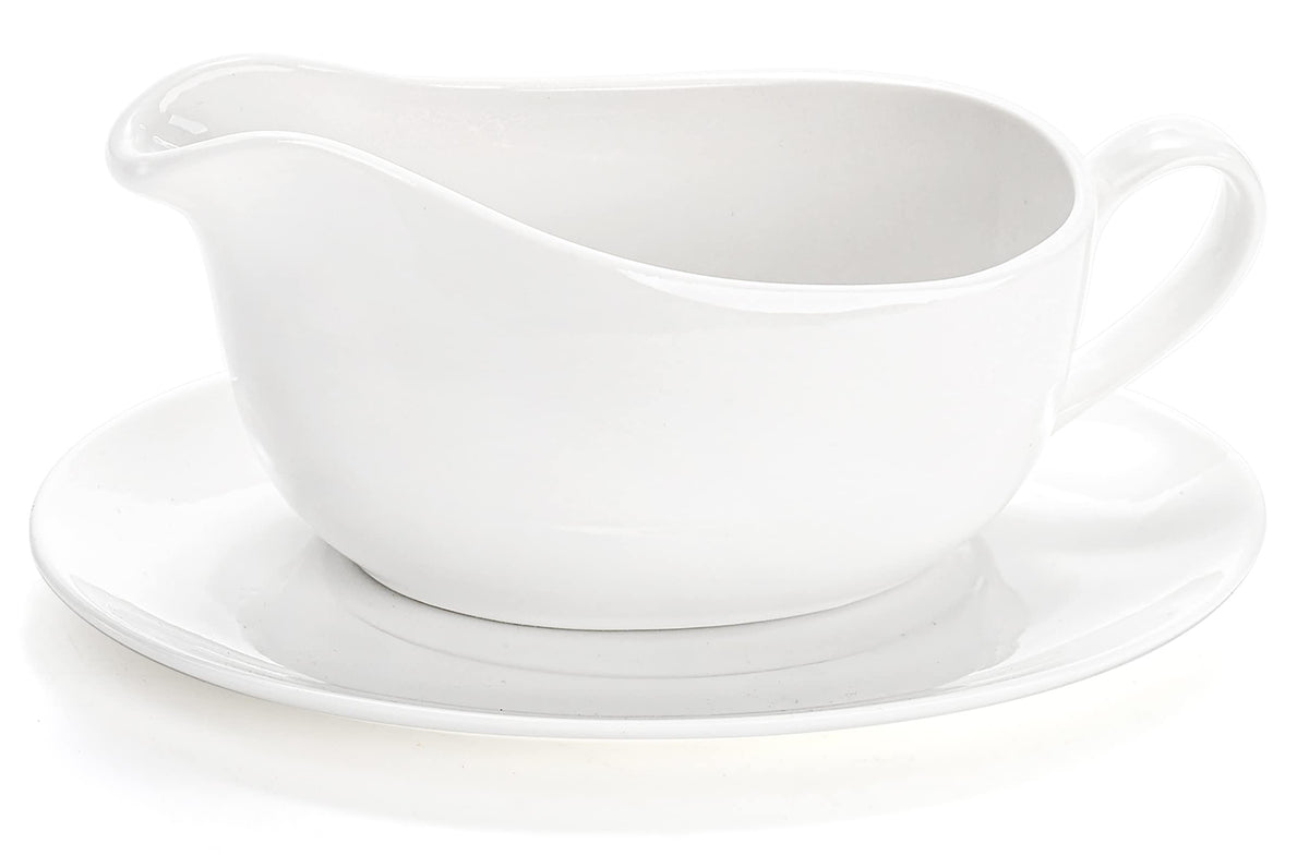15 oz Gravy Boat and Tray, Ceramic White Gravy Sauce Boat with Saucer Stand for Dining, Holiday Meals & Parties