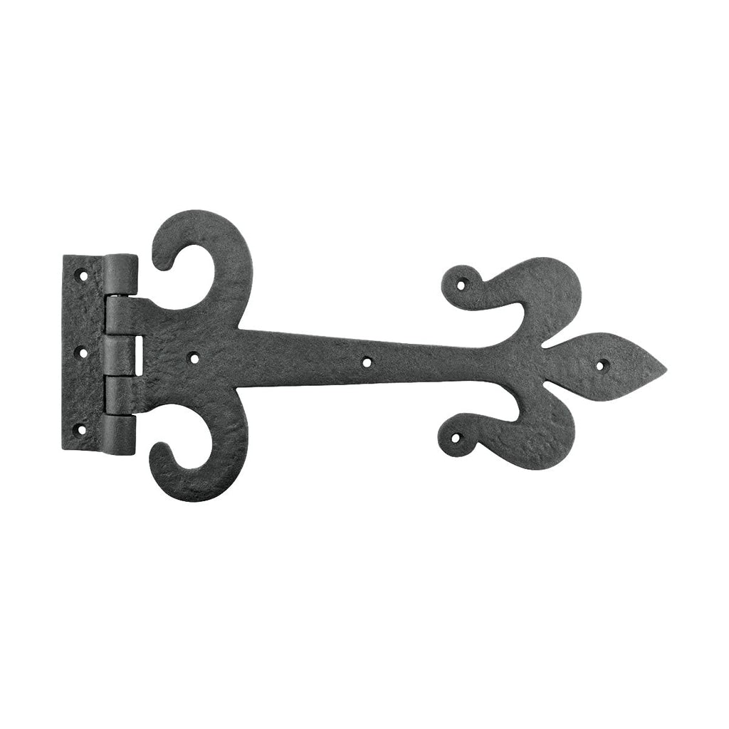 Gate Hinges 12 in. Black Wrought Iron Fleur De Lis Style Strap Hinges for Gates and Doors with Mounting Hardware