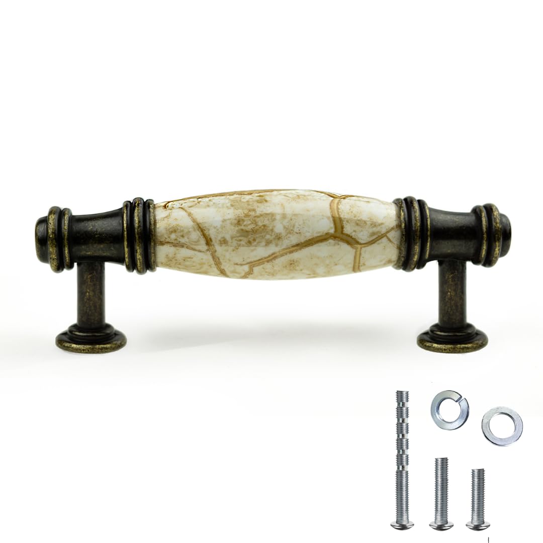 10 pcs Antique Brass Cabinet Drawer Pulls with Brown Marble Ceramic Handles and 3 inch Hole Centers for Cabinets
