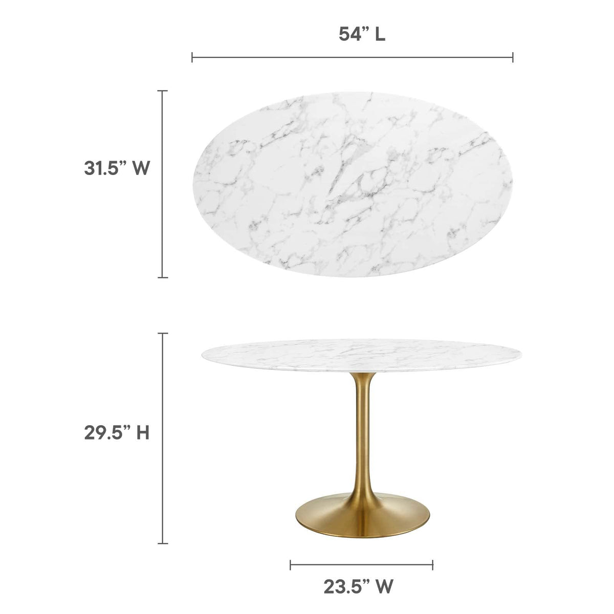 Lippa 54" Oval-Shaped Mid-Century Modern Dining Table with Artificial Marble Top and Gold Base