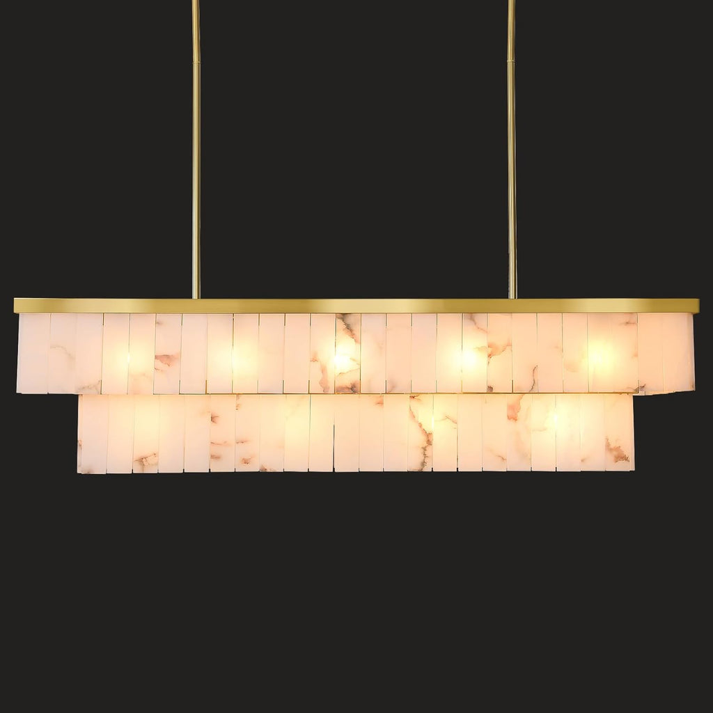 Inspired Alabaster Style Rectangle Alabaster Chandelier, L55 Marble Rectangular Chandeliers for Dining Room, 2 Tiers Gold Dining Room Chandelier Over Table Brass Modern Cahndeliers for Kitchen Island(Include 12 Bulbs)