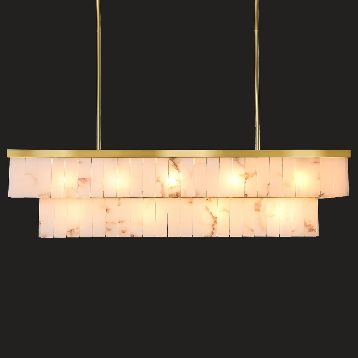 Inspired Alabaster Style Rectangle Alabaster Chandelier, L55 Marble Rectangular Chandeliers for Dining Room, 2 Tiers Gold Dining Room Chandelier Over Table Brass Modern Cahndeliers for Kitchen Island(Include 12 Bulbs)