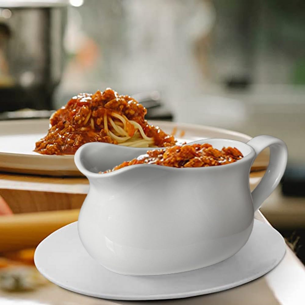 Large 17 Oz Gravy Boat and Tray White Fine Porcelain Saucier With Big Dripless Lip Spout For Gravy, Warming Sauces
