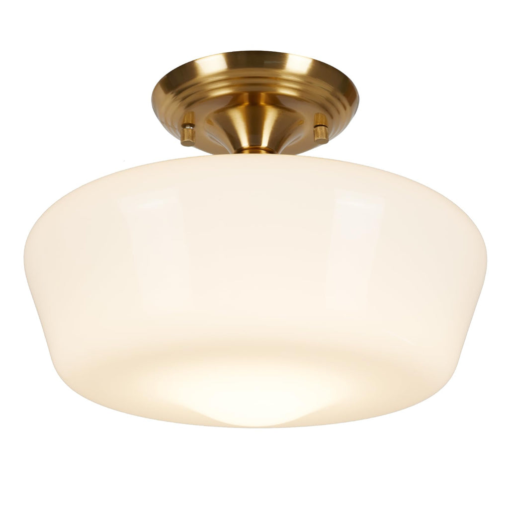 Schoolhouse Style Semi Flush Mount Ceiling Light Fixture, 12" Modern Gold Hallway Ceiling Lamp with Opal Milk Glass