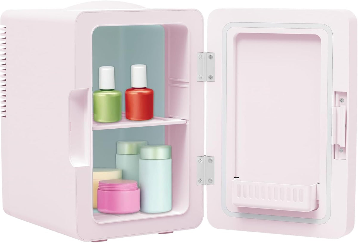 6L Mini Cooler Fridge with LED Makeup Mirror for Skincare & Cosmetic Storage Cooler & Warmer Removable Shelf Carrying