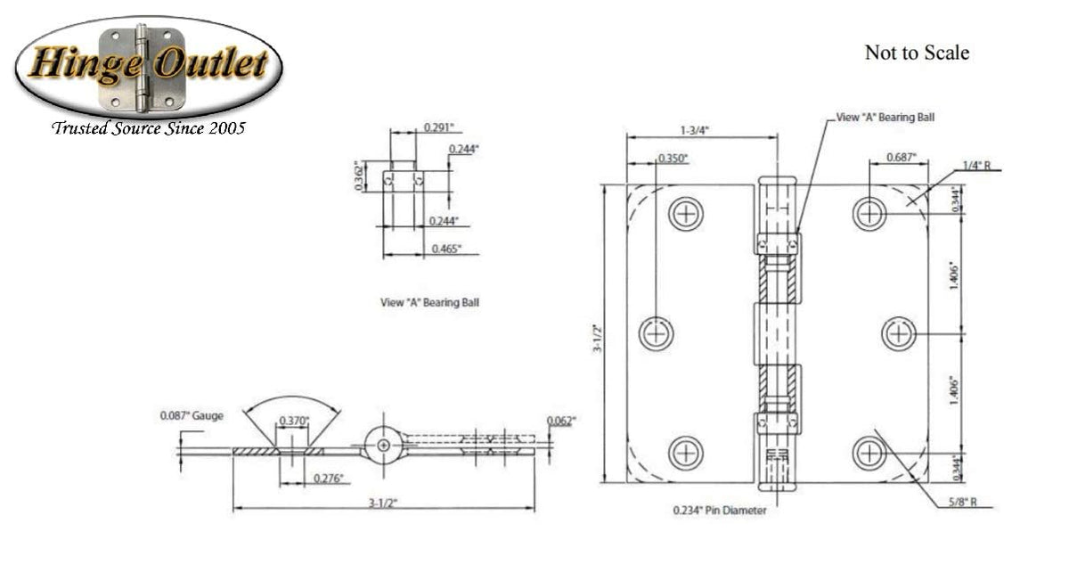 Ball Bearing Door Hinges Antique Brass 3.5 Inch - 5/8 Inch Radius 6-Pack