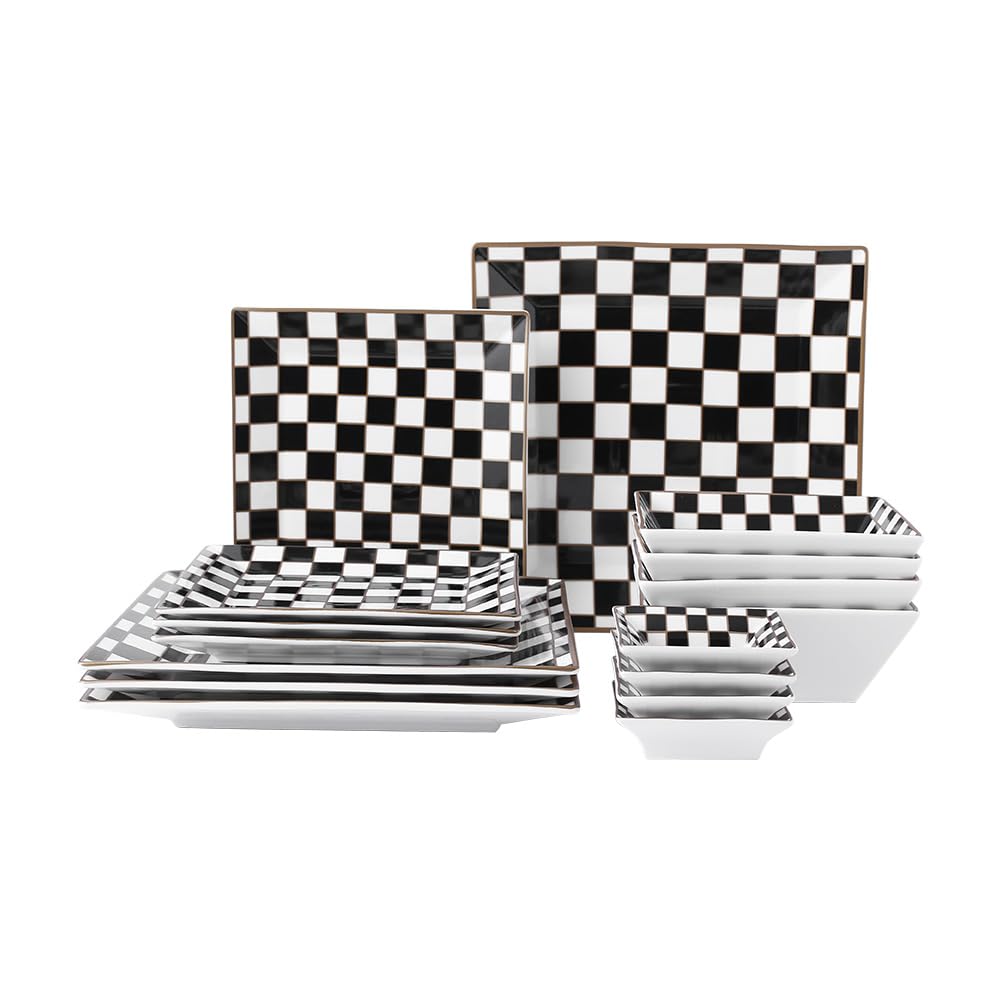 Checker Porcelain Square Dinnerware Set for 4, Dishes Set for 4 with 3.3-inch Dipping Saucers, Black and White Plates