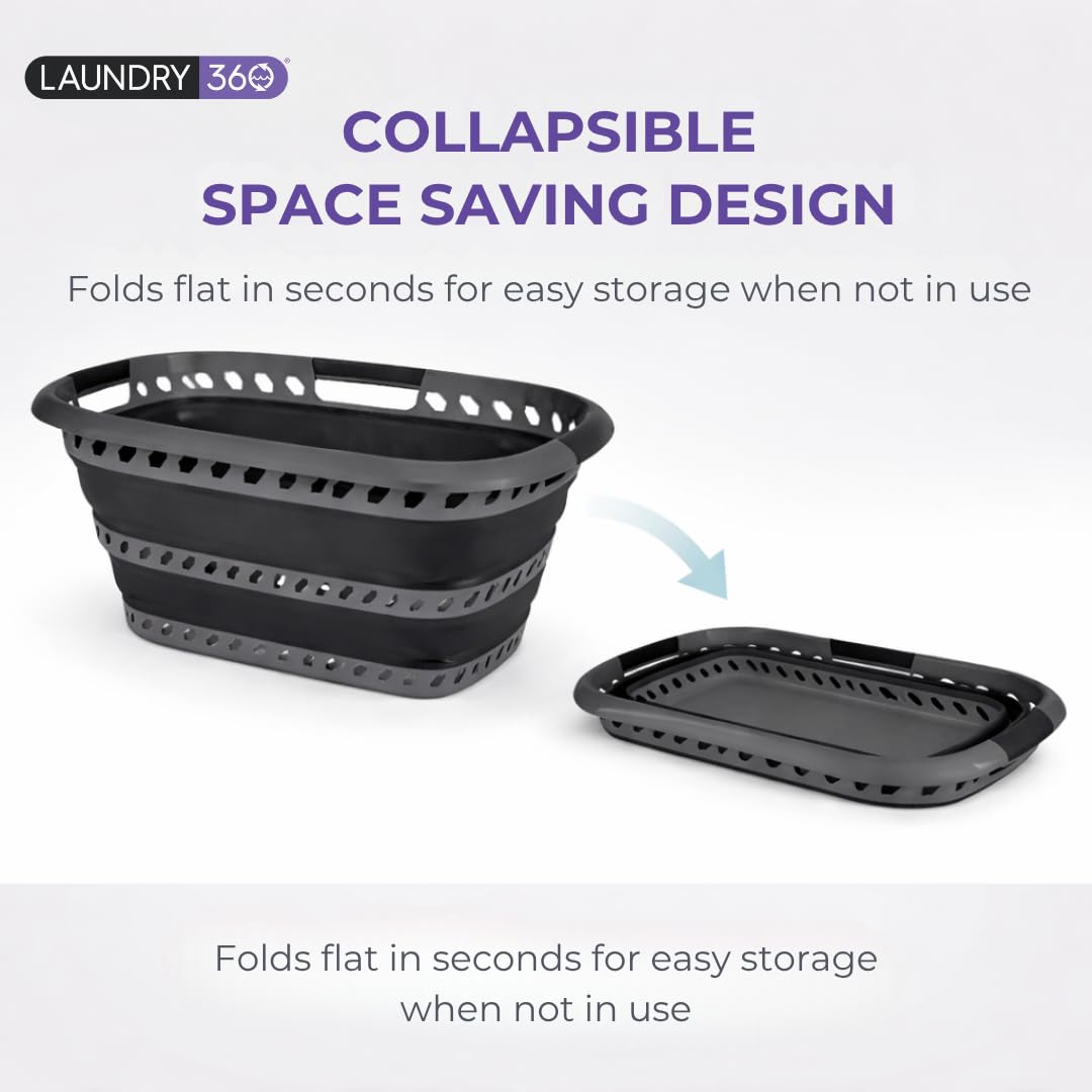 360 Collapsible Laundry Basket 40L | Portable | Space Saver Storage | Hold 2 Loads | Store Under the Bed or Closet |