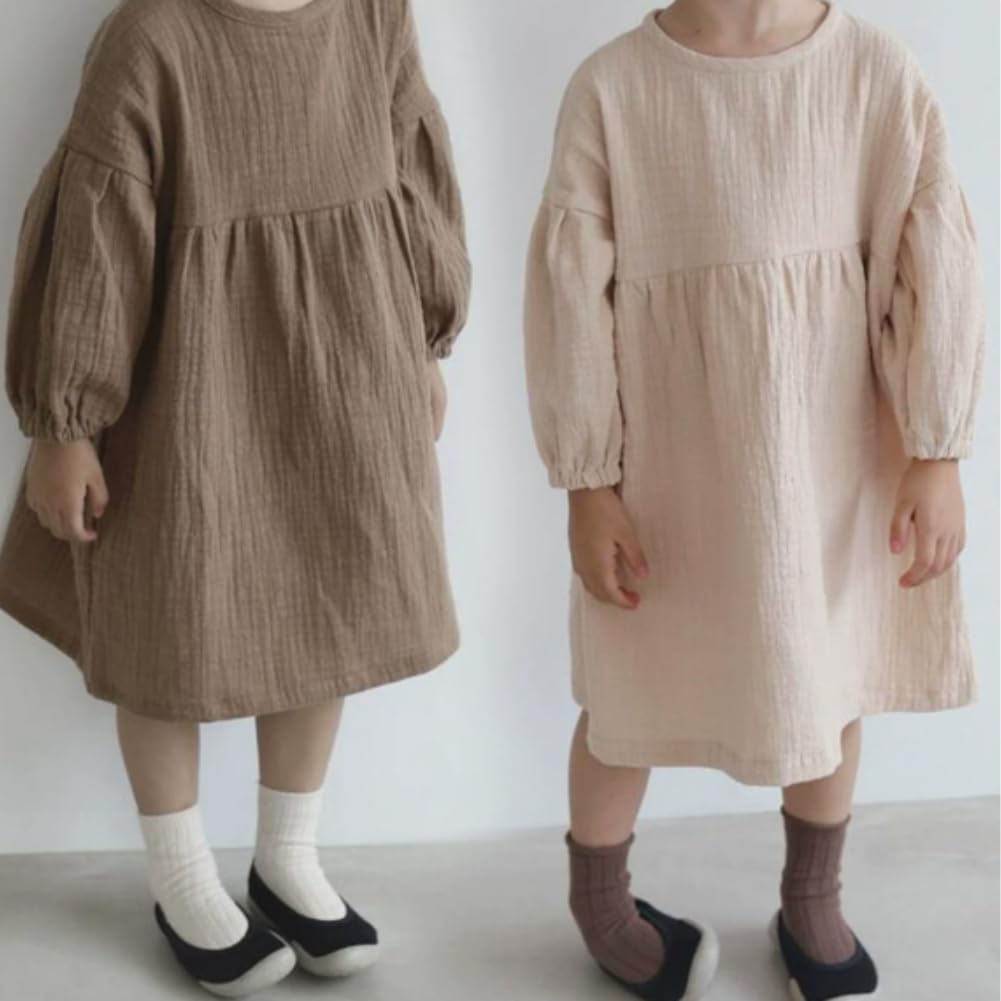 Boho Girls Muslin Smock Dress - Long Sleeve Double Gauze Cotton Dress for Toddlers,1,Beige