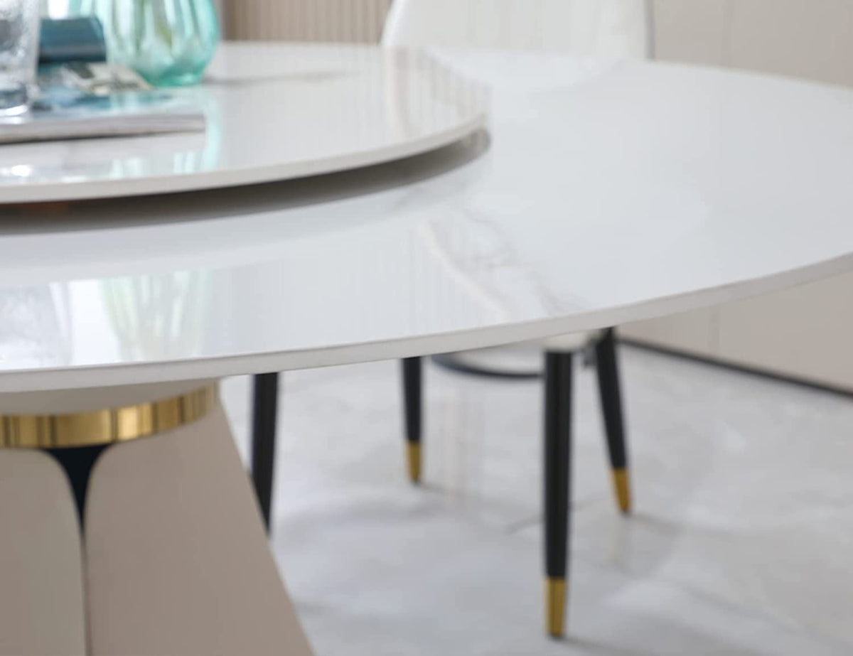 59" Round Dining Table - Modern Faux Marble Tabletop with Rotating Tray & Petal-Shaped Base, White Round Sintered