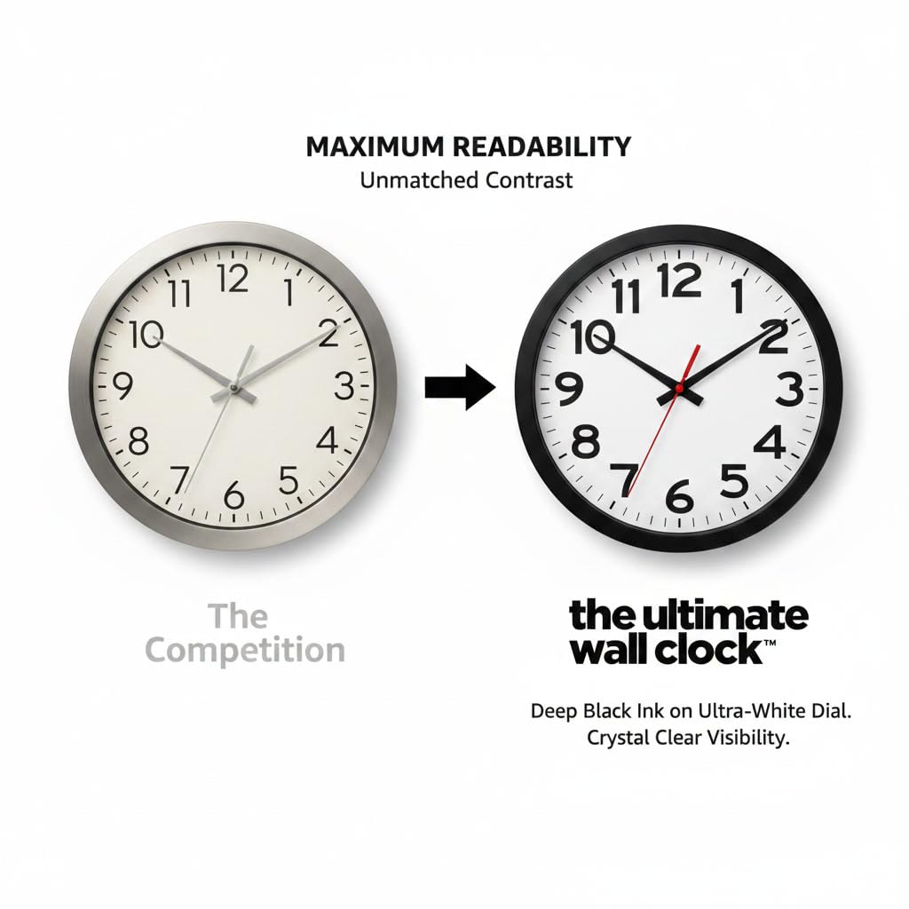 Inspired Nelson Style Ultimate Wall Clock 14" Atomic, Black, Easy-to-Read Display, Round, AA