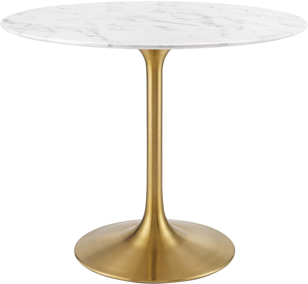 Inspired Saarinen Style Tulip Round Pedestal Dining Table — Gold Base / White Marble Top, 36″ Round
