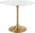 Inspired Saarinen Style Tulip Round Pedestal Dining Table — Gold Base / White Marble Top, 36″ Round
