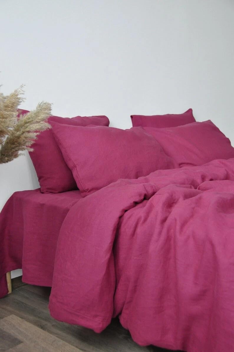 Raspberry Linen Bedding Set 1 Duvet Cover and 2 Pillowcases Softened Linen Comforter Cover Set Quilt Cover Set Hidden