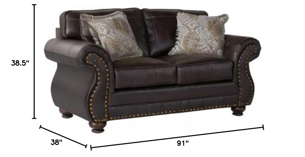 Leinster Faux Leather Sofa and Loveseat with Antique Bronze Nailheads in Espresso