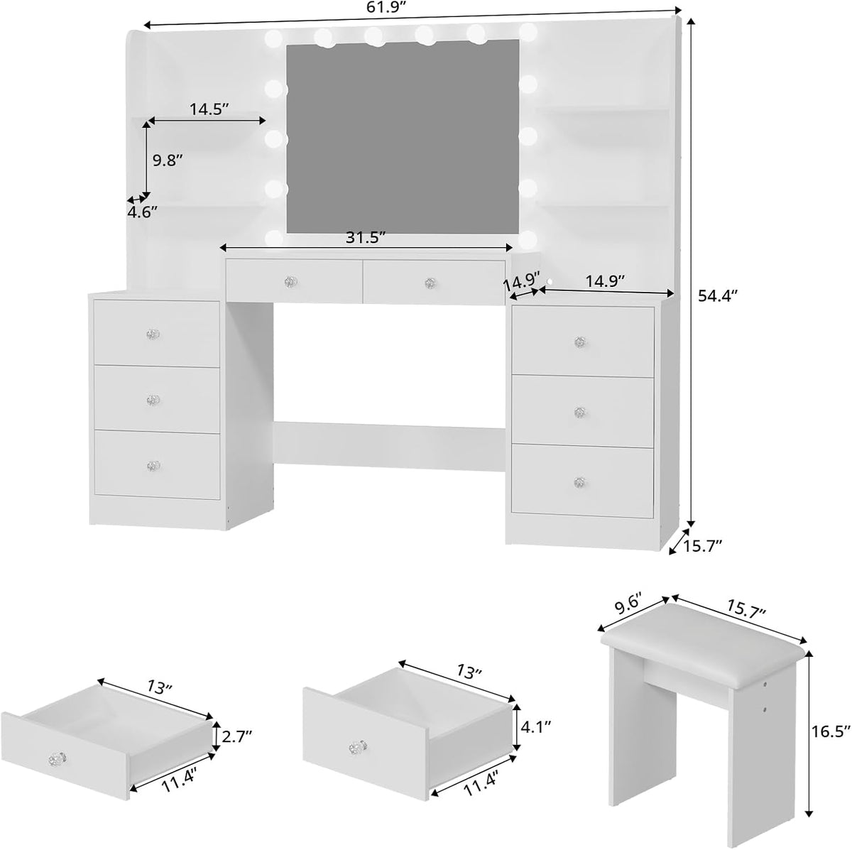 Large Vanity Desk with Lighted Mirror Dressing Table | Makeup Vanity with Power Strip, Soft Stool, 8 Drawers, 6 Open