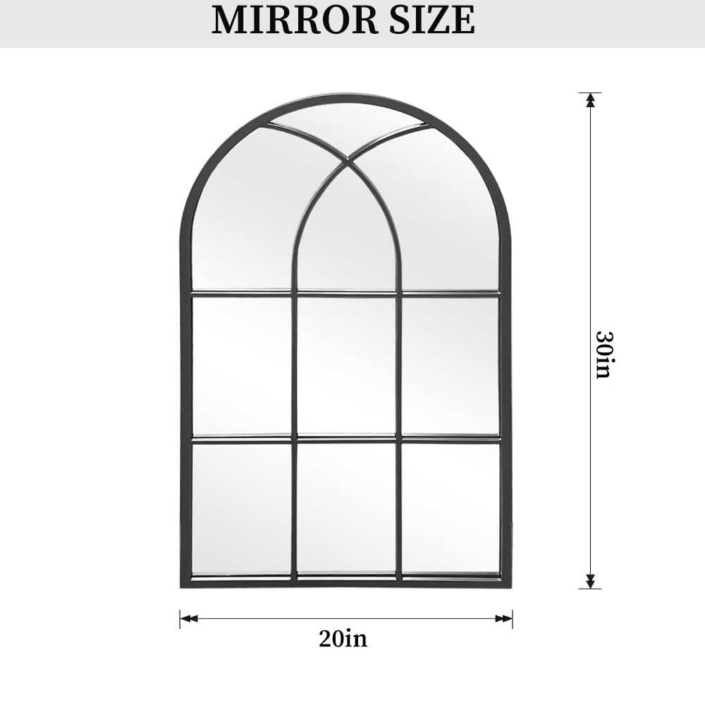 Arched Window Wall Mirror, 30"x20" Windowpane Mirror, Black