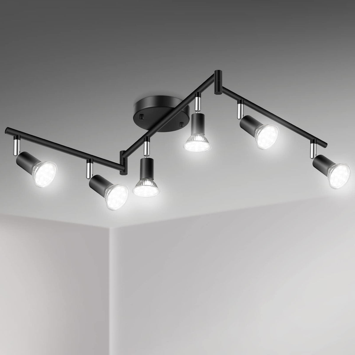 LED 6 Light Track Lighting Kit, 46.5'' Black 6 Way Ceiling Spot Lighting, Flexibly Rotatable Head, Track Light