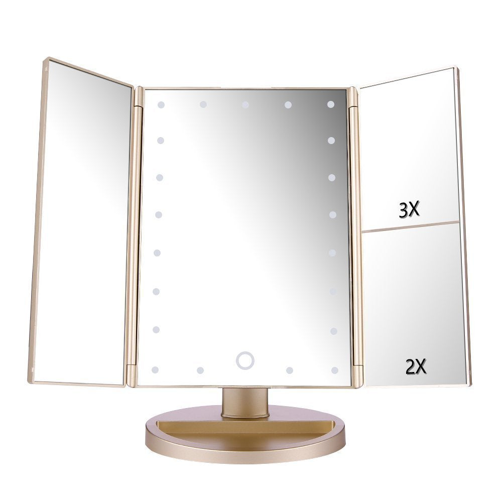 Floor Mount Tri-Fold Lighted Vanity Mirror with 21 LED Lights, Touch Screen and 3X/2X/1X Magnification, Two Power