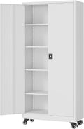 Metal Rolling Storage Cabinet-74.6" Tall Steel File Cabinets with Wheels Lockable Doors and Adjustable Shelves-White