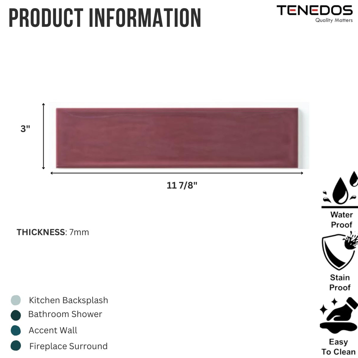 Larissa 3x12 Burgundy Purple Glossy Ceramic Subway Tile - 12.6 Sq Ft