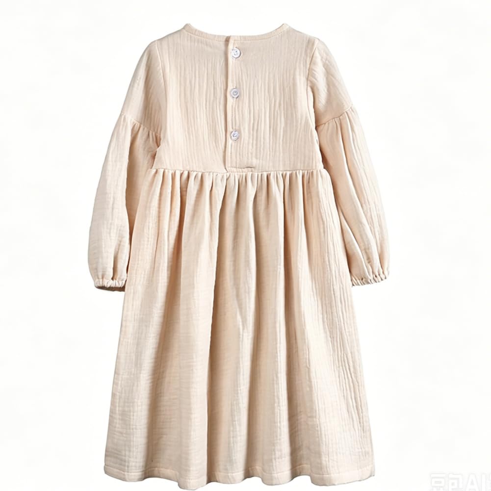 Boho Girls Muslin Smock Dress - Long Sleeve Double Gauze Cotton Dress for Toddlers,1,Beige