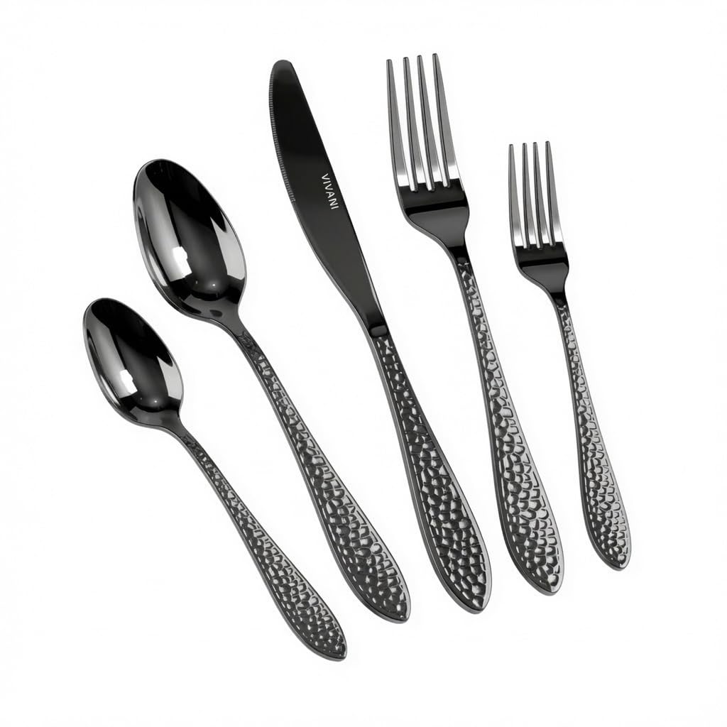 40-Piece Black Silverware Set, Hammered Flatware Set, Service for 8