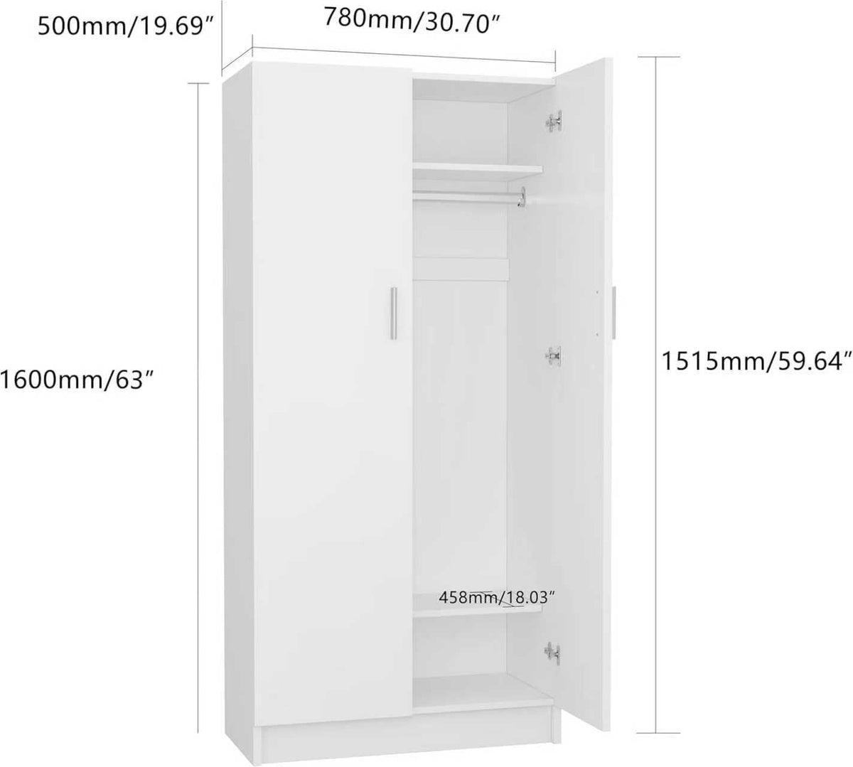 2 Door Wardrobe Closet Storage Cupboard, with Rail and Shelves Bedroom Armoires