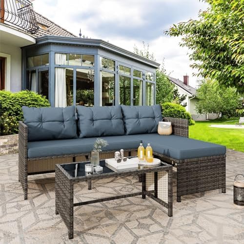 3-Piece Wicker Outdoor Patio Furniture Set | Blue All-Weather Resistant for Patio, Garden & Porch