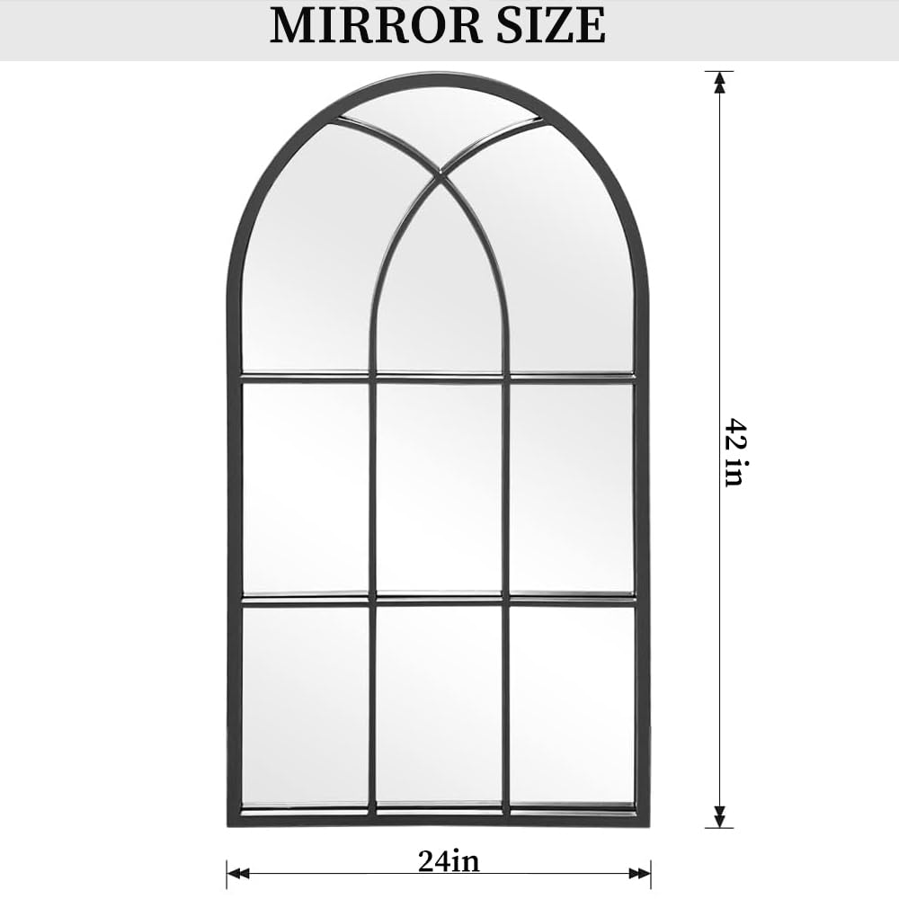 Arched Window Wall Mirror, 42"x24" Windowpane Mirror, Black