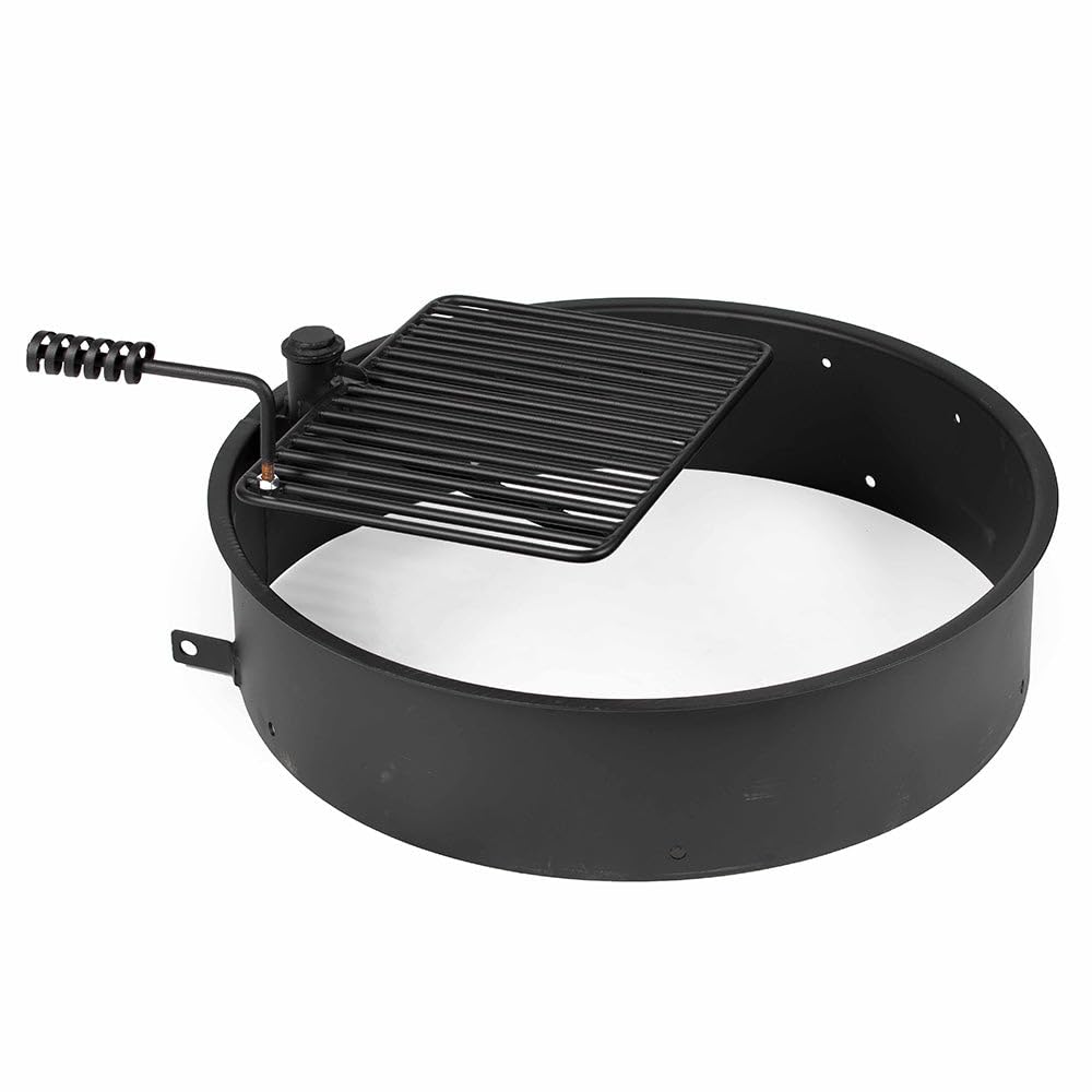 Ash & Ember 32" Steel Fire Pit Ring with Cooking Grate, 15.5" x 19.5" Swivel Grate with Spring Handle, Steel Fire
