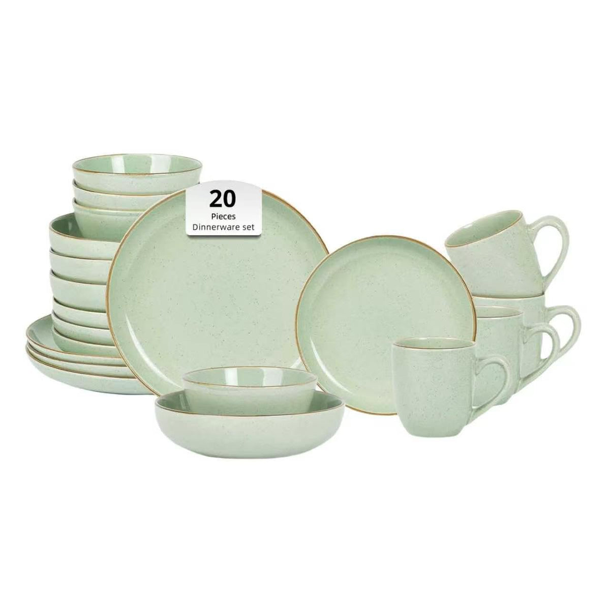 Eur-Nordic Shape Raising Rim 20pc Dinnerware Set, Shiny Glaze Green with Speckle Effect
