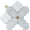 Thassos White Carrara White Marble Quatrefoil Four-Leaf Four-Lobed Clover Flower Mosaic Tile w/Brass Dots Honed