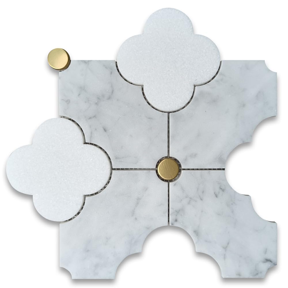 Thassos White Carrara White Marble Quatrefoil Four-Leaf Four-Lobed Clover Flower Mosaic Tile w/Brass Dots Honed