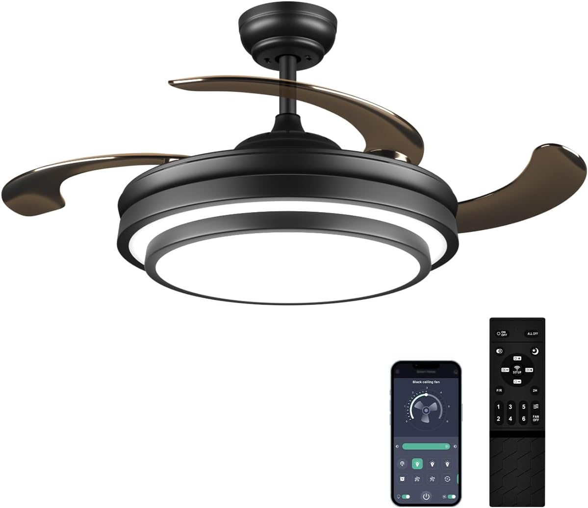 48 Inch Retractable Ceiling Fan with Lights and Remote,Black Fandelier Ceiling Fan with APP Control 6 Speed Dimmable