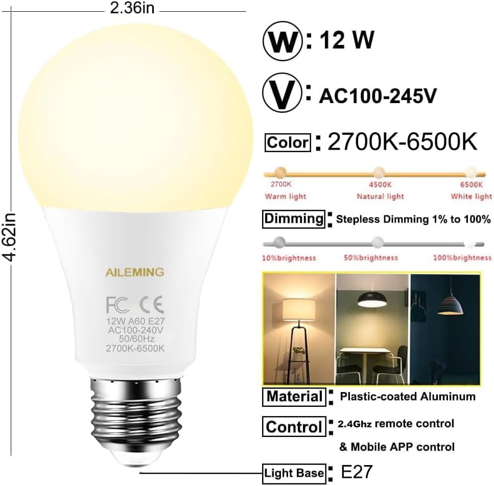 LED Bulb with a 2.4GHz Remote Control, A19 12W Color Changing Smart Light Bulb for Lamp, Bedroom, Mood Soothing,12W