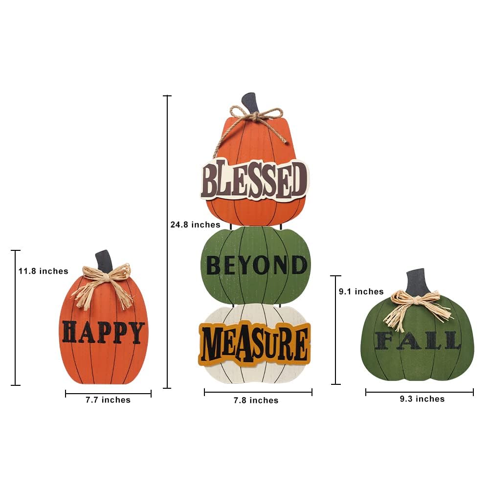 Outdoor Fall Decorations, 3 Pack 24.8" Pumpkin Wood Porch Standings with HAPPY FALL Lettered for Fall Decor, Welcome