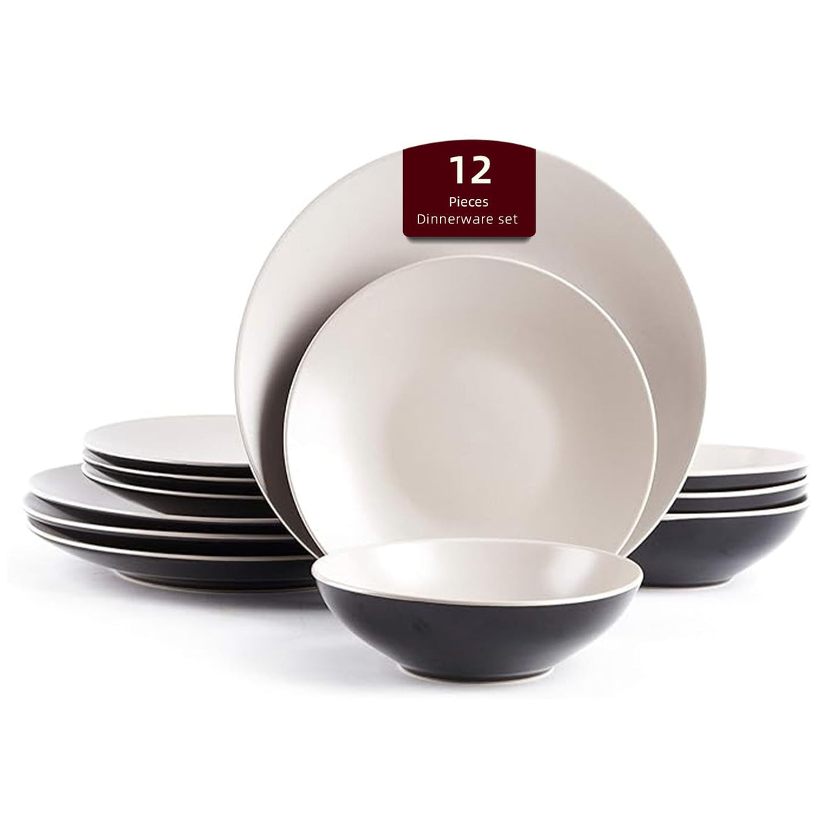 Stoneware Two-Tone Colors Life 12pc Dinner Set, Outside Shiny Black + Inside Matte Light Beige