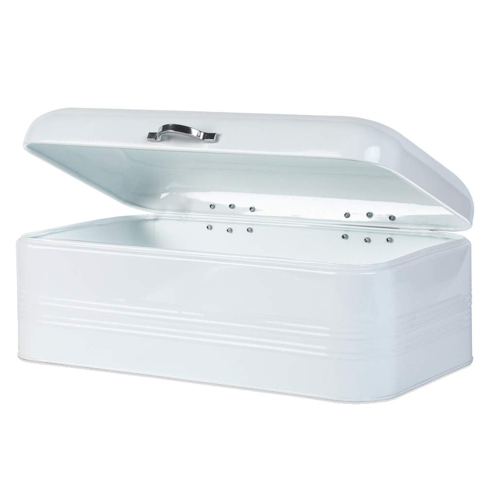 Large, Metal Bread Storage Bin with Lid, 16.3"x9"x6.7", White