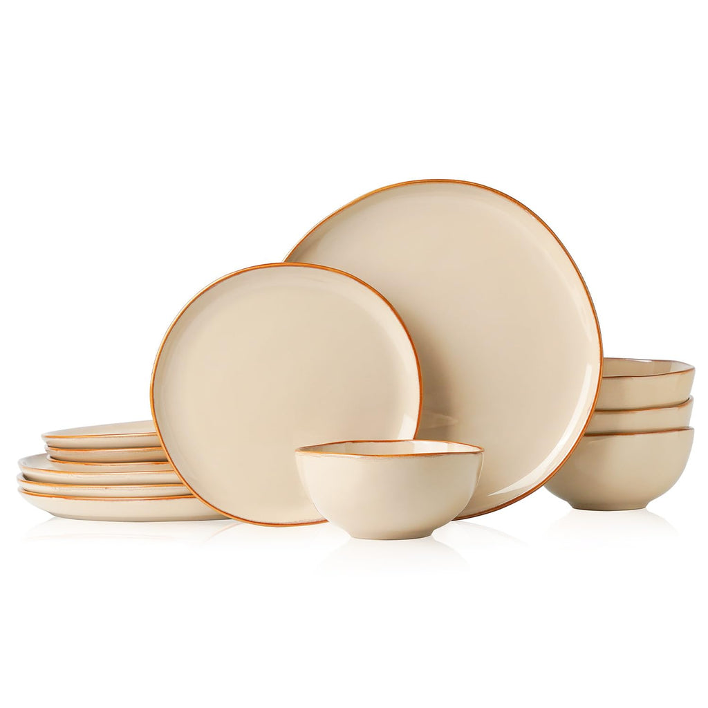 Stoneware Dinnerware Sets for 4, Reactive Glaze Plates and Bowls, Beige