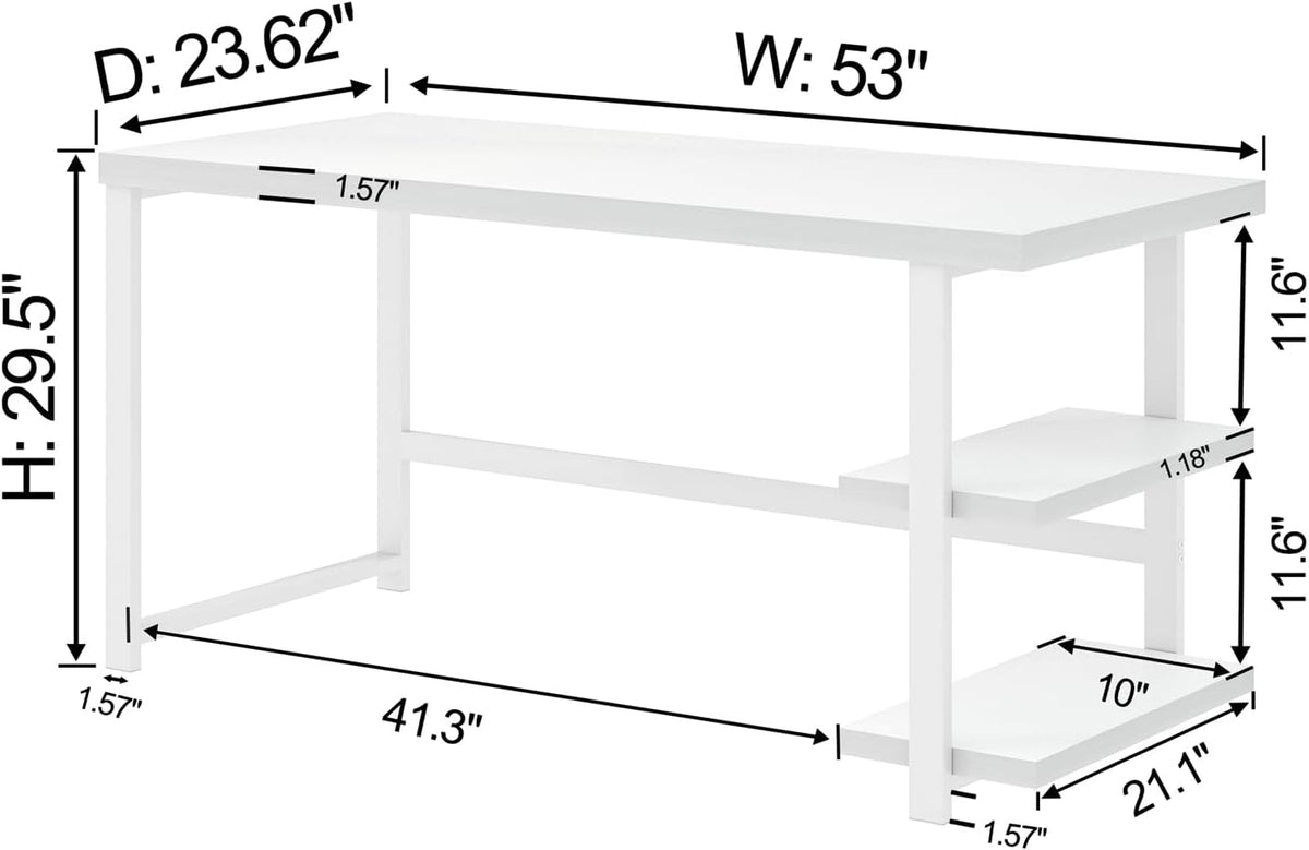 White Computer Desk, Modern Home Office Desk with Storage Shelf, Wood and Metal Writing Study Table Bedroom, 53 Inch