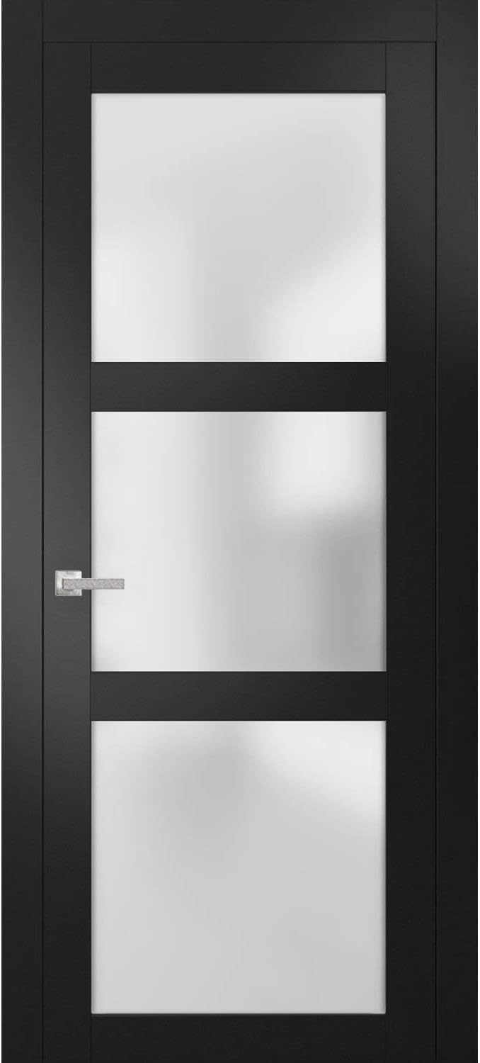Solid French Door Frosted Glass 32 x 80 inches | Lucia 2552 Matte Black | Single Regular Panel Frame Trims Handle | Bathroom Bedroom Sturdy Doors
