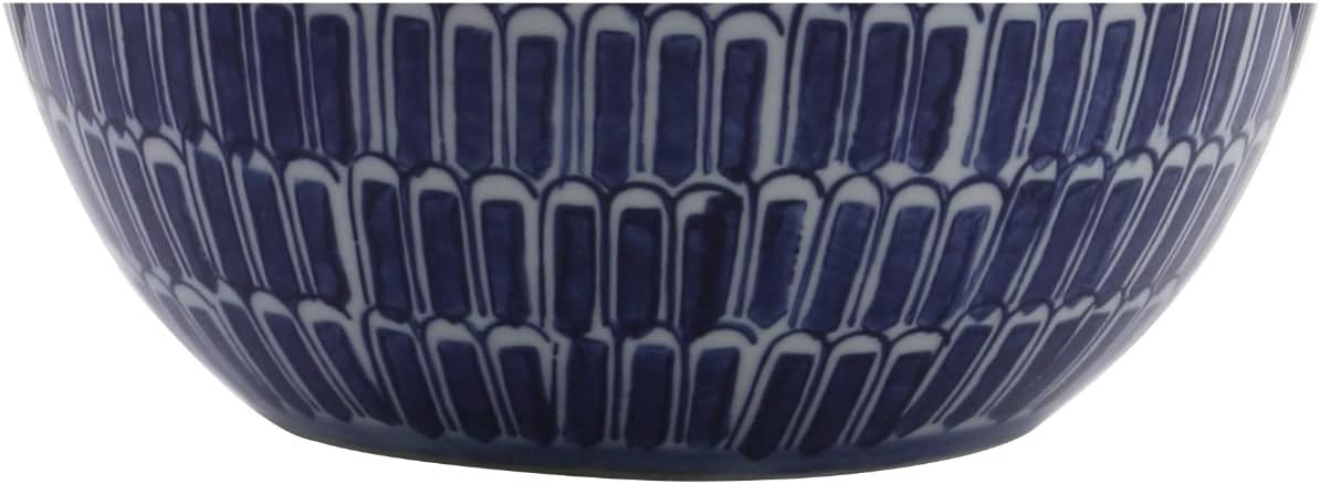 21" Navy Ceramic Hand-Painted Scallop Sphere Table Lamp, Coastal Transitional Bedside Lamp with White Linen Drum Shade